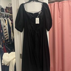 Black Puff Sleeve Midi Dress with NeckTie and pockets